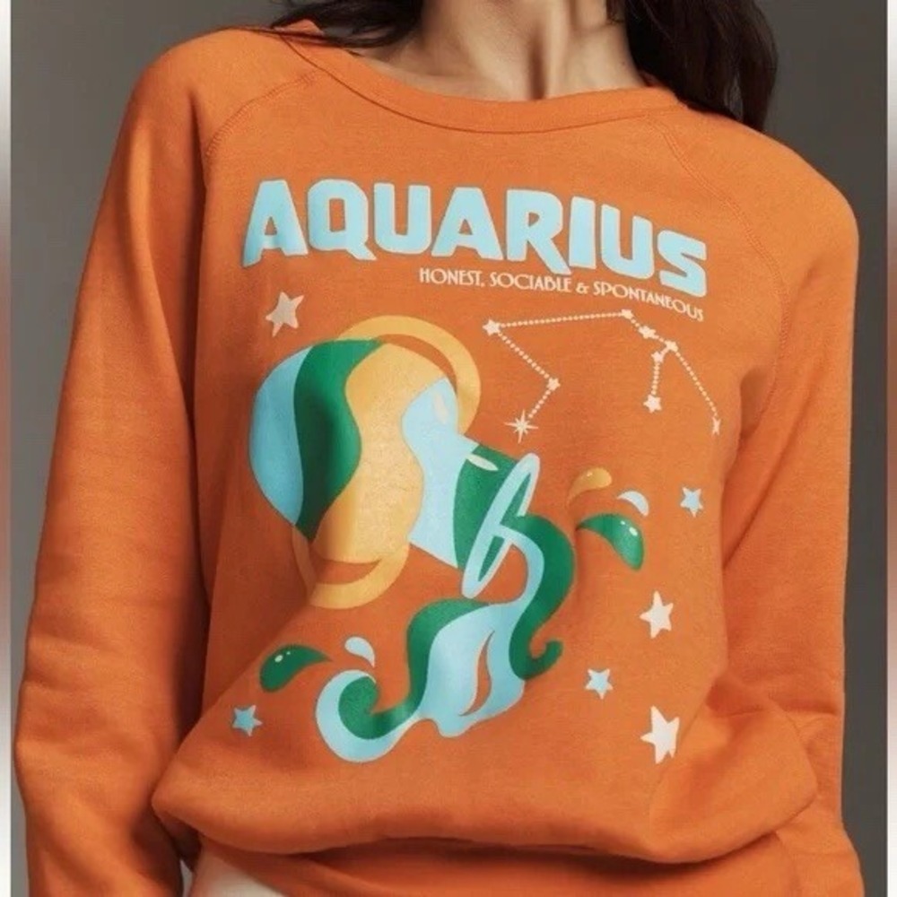 Midnight Rider Anthropologie Carolita Zodiac Sweatshirt Aquarius Size XXS Orange - Picture 8 of 8